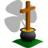 Cross coming out of a pot of gold. The cross is casting the shadow of a shamrock