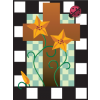 Star like flowers before a cross, framed within a checkered box
