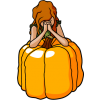 Girl praying while leaning on a large pumpkin