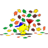 This is a graphic of a boy Christian Fish is raking and playing in the fall leaves. A very colorful image!