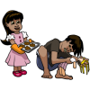 Girl offering homemade cookies to boy who is breaking her doll