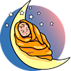 An artsy image of a baby wrapped in a blanket sleeping on the crescent moon.