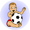An image of a baby holding a soccer ball. It's style is vintage.