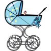 A graphic of a traditional baby buggy with a little hand coming up. Cute and light, great for a shower invitation.