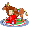This is a drawing of a baby in a cowboy hat next to a rocking horse. It is classic imagery with clean lines and bright colors.