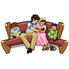 A family sitting on a pew reading Bibles