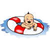 This is an image of a happy baby floating in water on a water ring. A crisp, clean graphic with a positive note.