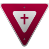 Yield sign with cross in  the center