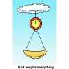 This is a cartoon image of a scale hanging from a cloud with the words, &quot;God weighs everything.&quot; God loves a just weight.