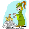 this is a cartoon image of a fancy woman standing by a chicken with a pile of eggs. The point is the generosity of God.