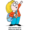 This is a cartoon image of a schoolboy reaching upward. The truth is, God reaches down before we reach up.