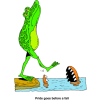 This is a funny cartoon of a frog walking on his hind legs with his nose in the air, and he is just about to walk into the water where an open mouth alligator is waiting for him! &quot;Pride goes before a fall!&quot;
