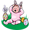 This is a vintage style image of a baby in an Easter bunny costume. Beside her are Easter eggs and a candy package.