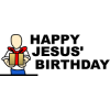 Man extending gift  with words "Happy Jesus' Birthday"