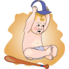 This graphic is of a baby putting on a baseball cap sitting next to a baseball bat. Simple, traditional image.