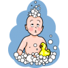 This is a clipart of a baby taking bath with a rubber duck. Cute, happy, vintage.