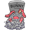 Image of a gravesite of a dead pink rabbit. The rabbit's feet, belly and ears are sticking out of the ground. The tomb stone reads "THE BUNNY IS NOT RISEN"