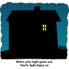 This is a cartoon of a house at night with just one light on in the inside.