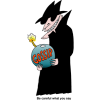 This is a clip art of a troublemaker, dressed in black with a hat and glasses. He is holding a bomb with the word "gossip" on it. Below are the words, "Be careful what you say."