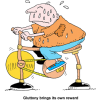 Sweaty fat man on exercise bike - Gluttony brings its own rewards