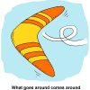 This is a drawing of a red and yellow boomerang against a blue sky. Below are the words, "What goes around comes around."