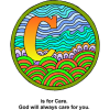 This is an image of the Letter "C" inside a circle with the words, "C is for care. God will always care for you." It is part of the Bible Alphabet series.