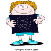This is a comical clip art of a boy holding a picture of a heart on black paper. Below are the words, "Give your heart to Jesus."