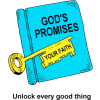 A Bible with the word Gods Promises and a Key with the word Faith